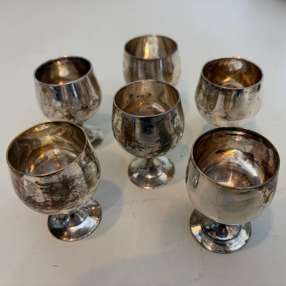 SET/6 MINI CORDIAL BRANDY SILVERPLATED APERFTIF CUPS Made in India Stamped EPNS